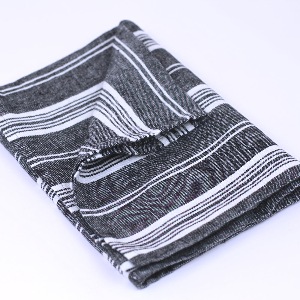Linen Hand Towel - Stonewashed - Black with White Stripes 3 - Luxury Thick Linen