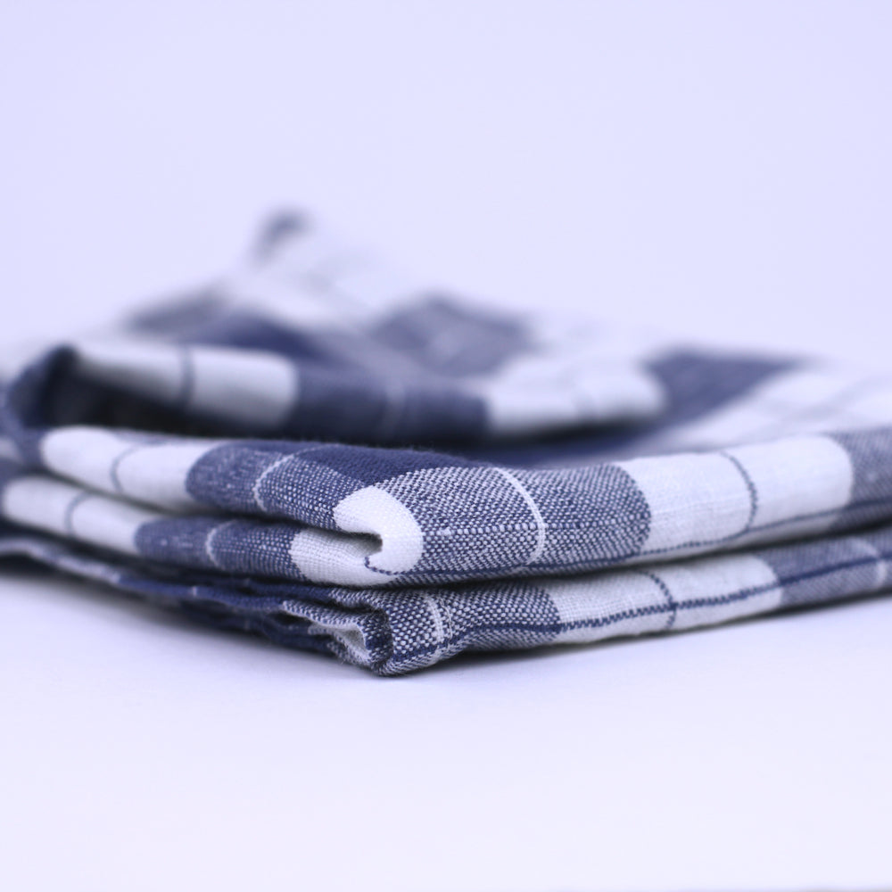 Linen Hand Towel - Stonewashed - Blue White Squares with Runner - Thin Linen