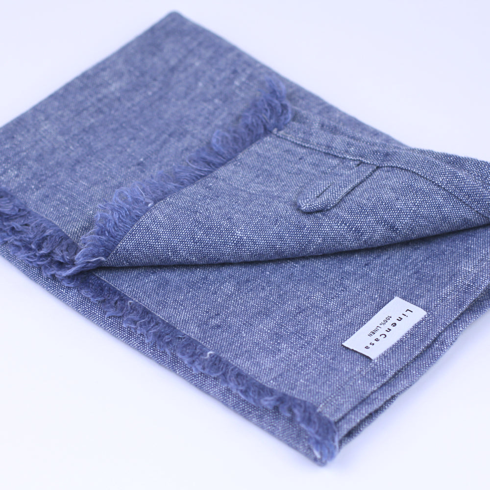 Linen Hand Towel - Stonewashed - Blue with Frayed Edges - Luxury Thick Linen