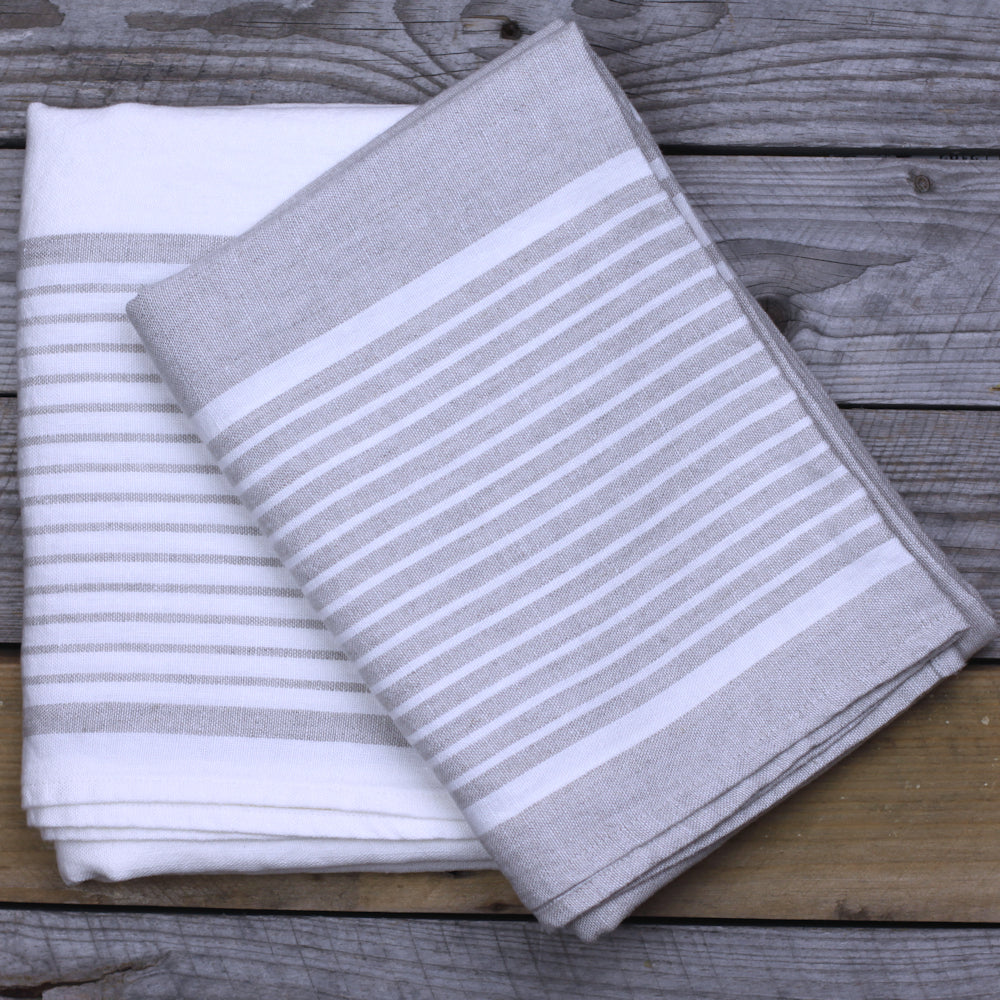 Linen Bath Towel - Stonewashed - Light Natural with White Stripes - Luxury Thick Linen