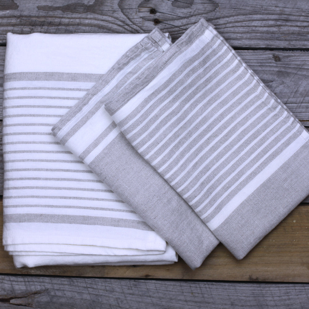 Linen Hand Towel - Stonewashed - Light Natural with White Stripes - Luxury Thick Linen