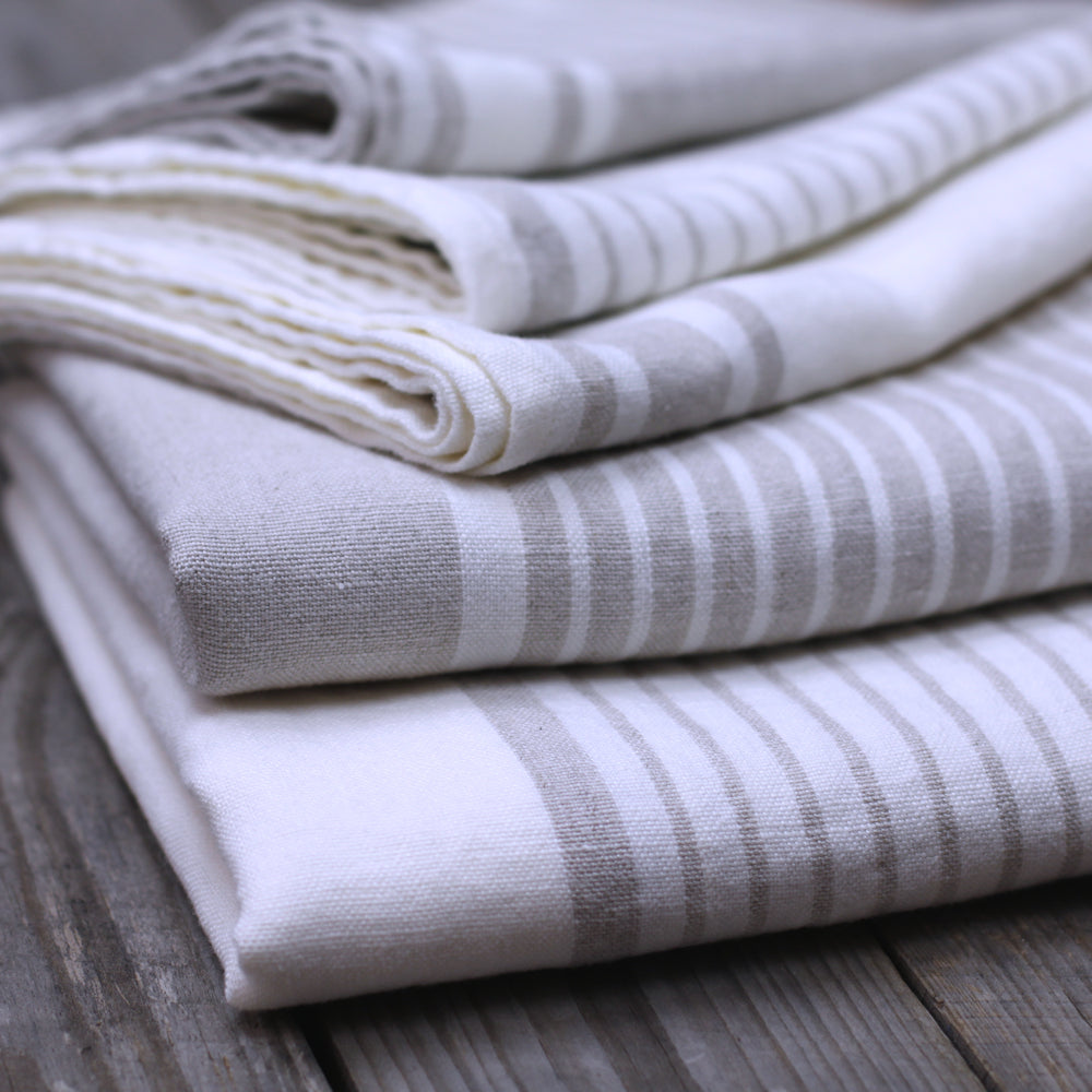 Linen Bath Towel - Stonewashed - Light Natural with White Stripes - Luxury Thick Linen