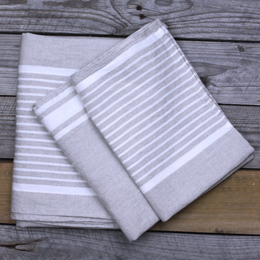 Linen Bath Towel - Stonewashed - Light Natural with White Stripes - Luxury Thick Linen