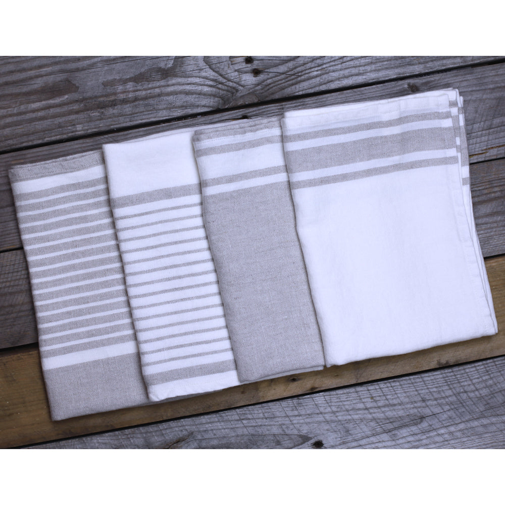 Linen Hand Towel - Stonewashed - White with Light Natural Stripes - Luxury Thick Linen