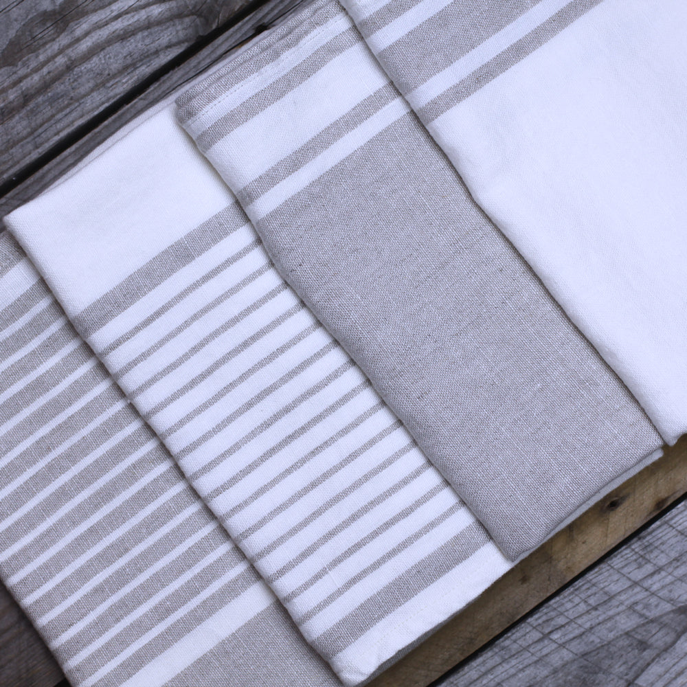 Linen Hand Towel - Stonewashed - White with Light Natural Stripes - Luxury Thick Linen