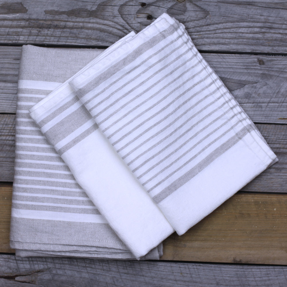 Linen Bath Towel - Stonewashed - Light Natural with White Stripes - Luxury Thick Linen