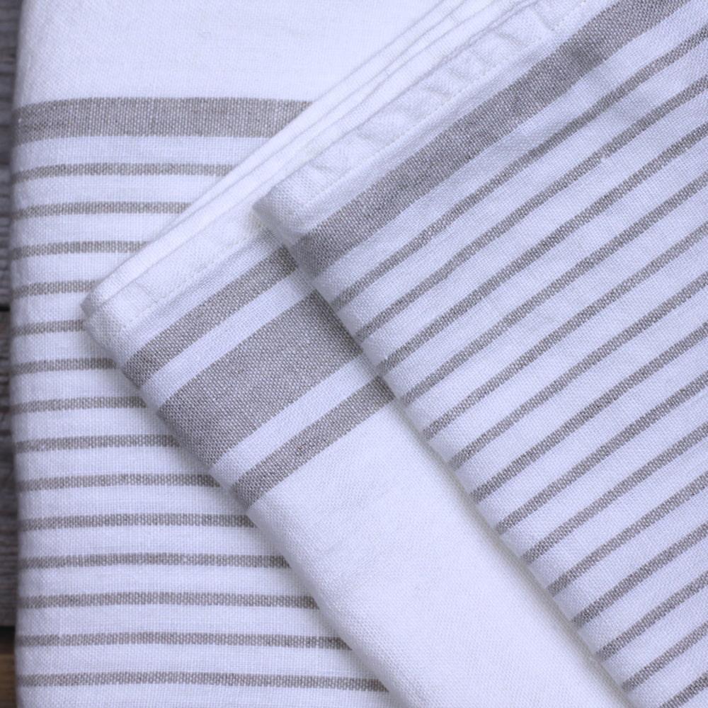 Linen Bath Towel - Stonewashed - White with Light Natural Stripes - Luxury Thick Linen