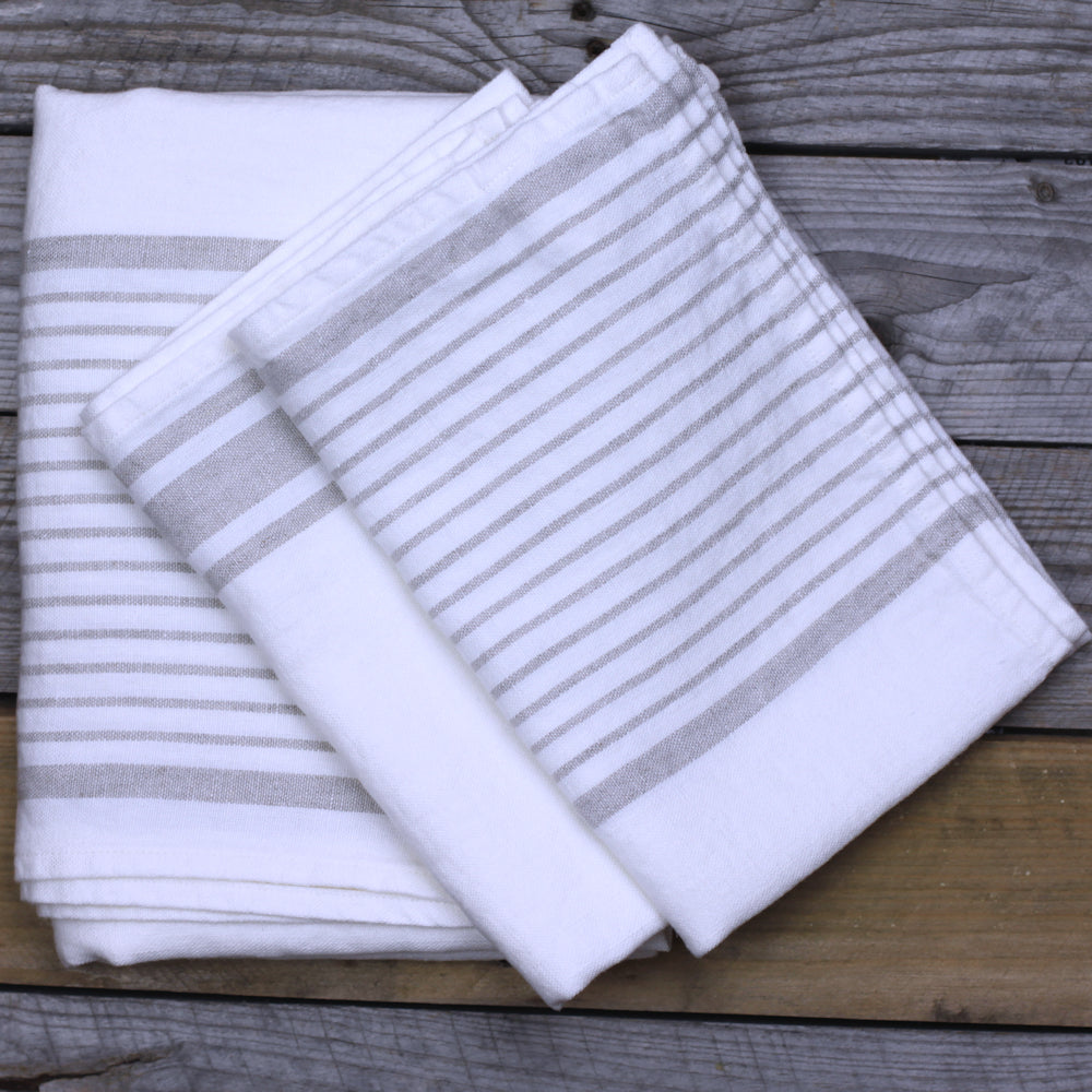 Linen Bath Towel - Stonewashed - White with Light Natural Stripes - Luxury Thick Linen
