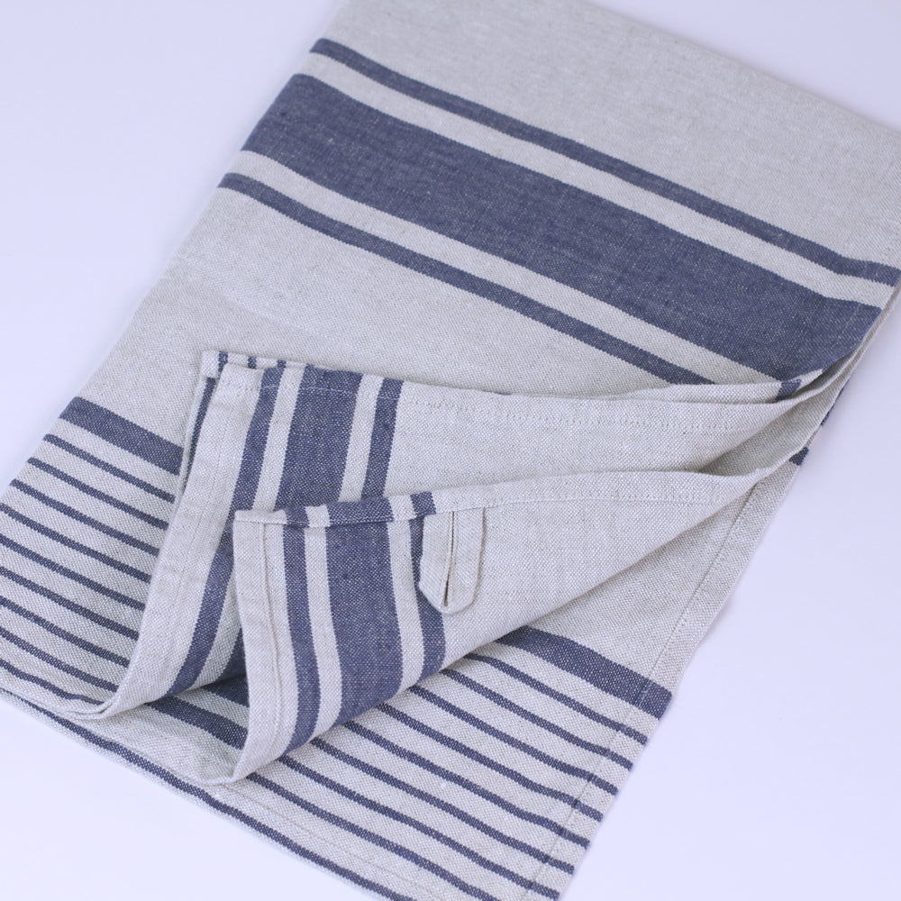 Linen Hand Towel - Stonewashed - Grey with Blue Stripes 2 - Luxury Thick Linen