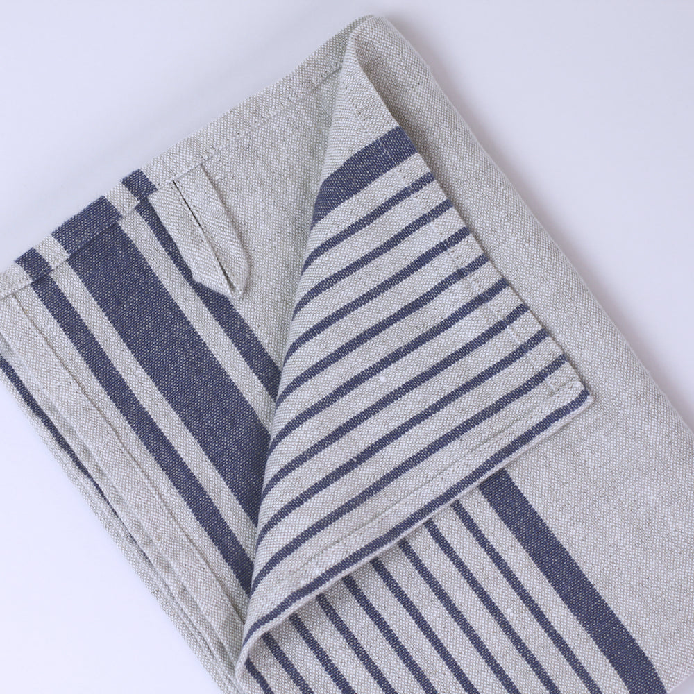 Linen Hand Towel - Stonewashed - Grey with Blue Stripes 2 - Luxury Thick Linen