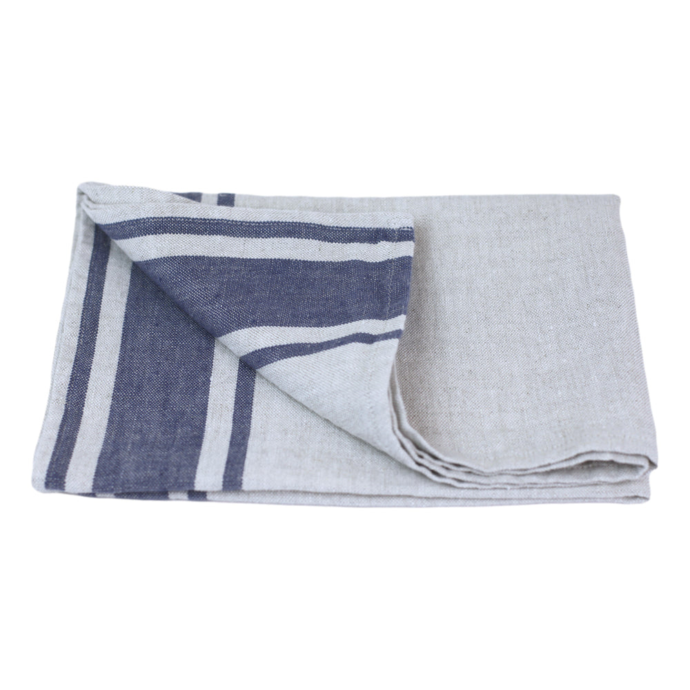 Linen Hand Towel - Stonewashed - Grey with Blue Stripes - Luxury Thick Linen