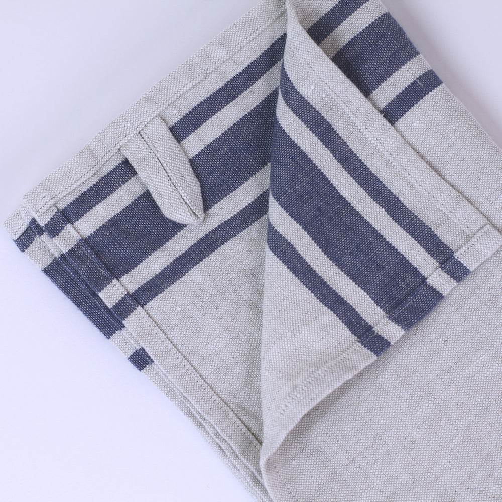 Linen Hand Towel - Stonewashed - Grey with Blue Stripes - Luxury Thick Linen