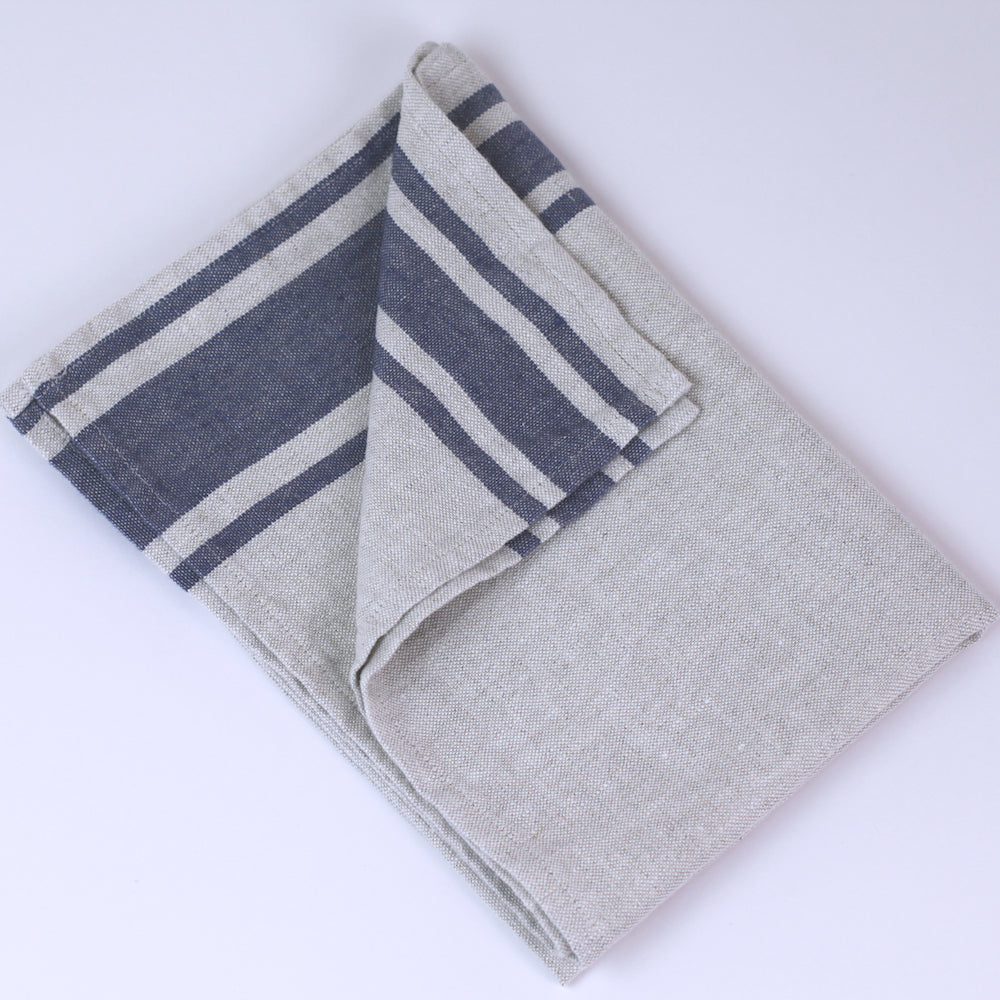 Linen Hand Towel - Stonewashed - Grey with Blue Stripes - Luxury Thick Linen