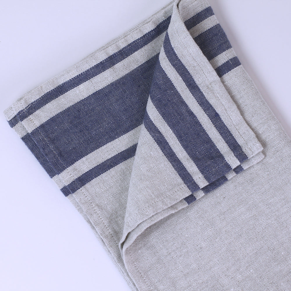 Linen Hand Towel - Stonewashed - Grey with Blue Stripes - Luxury Thick Linen