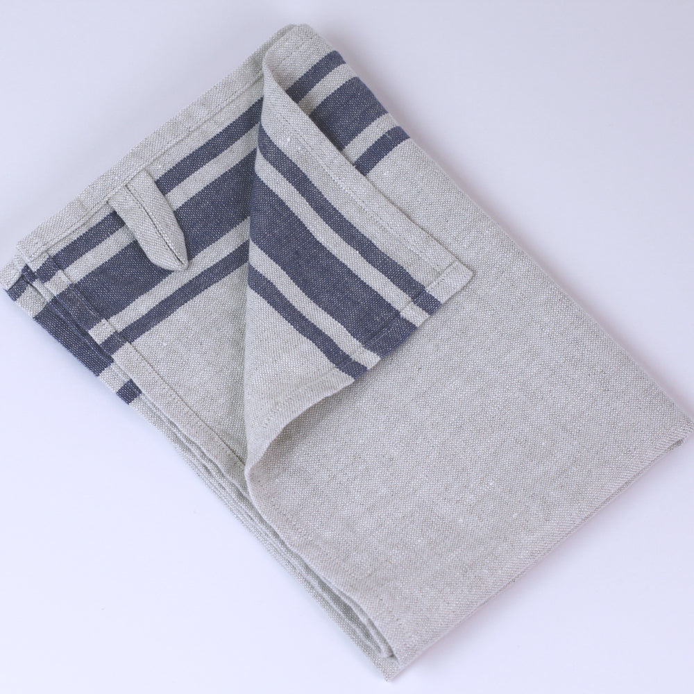 Linen Hand Towel - Stonewashed - Grey with Blue Stripes - Luxury Thick Linen