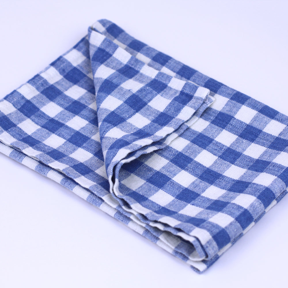 Linen Hand Towel - Stonewashed - Light Blue White Squares - Thin Linen