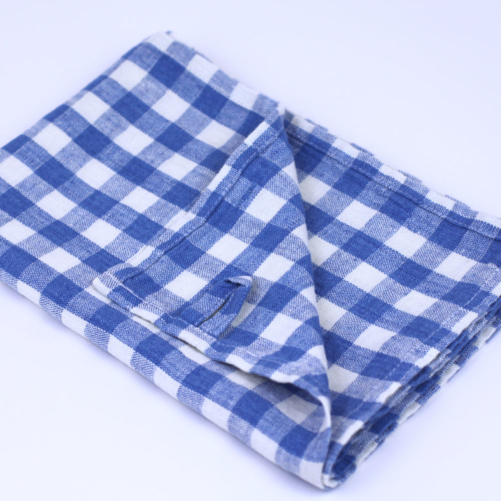 Linen Hand Towel - Stonewashed - Light Blue White Squares - Thin Linen