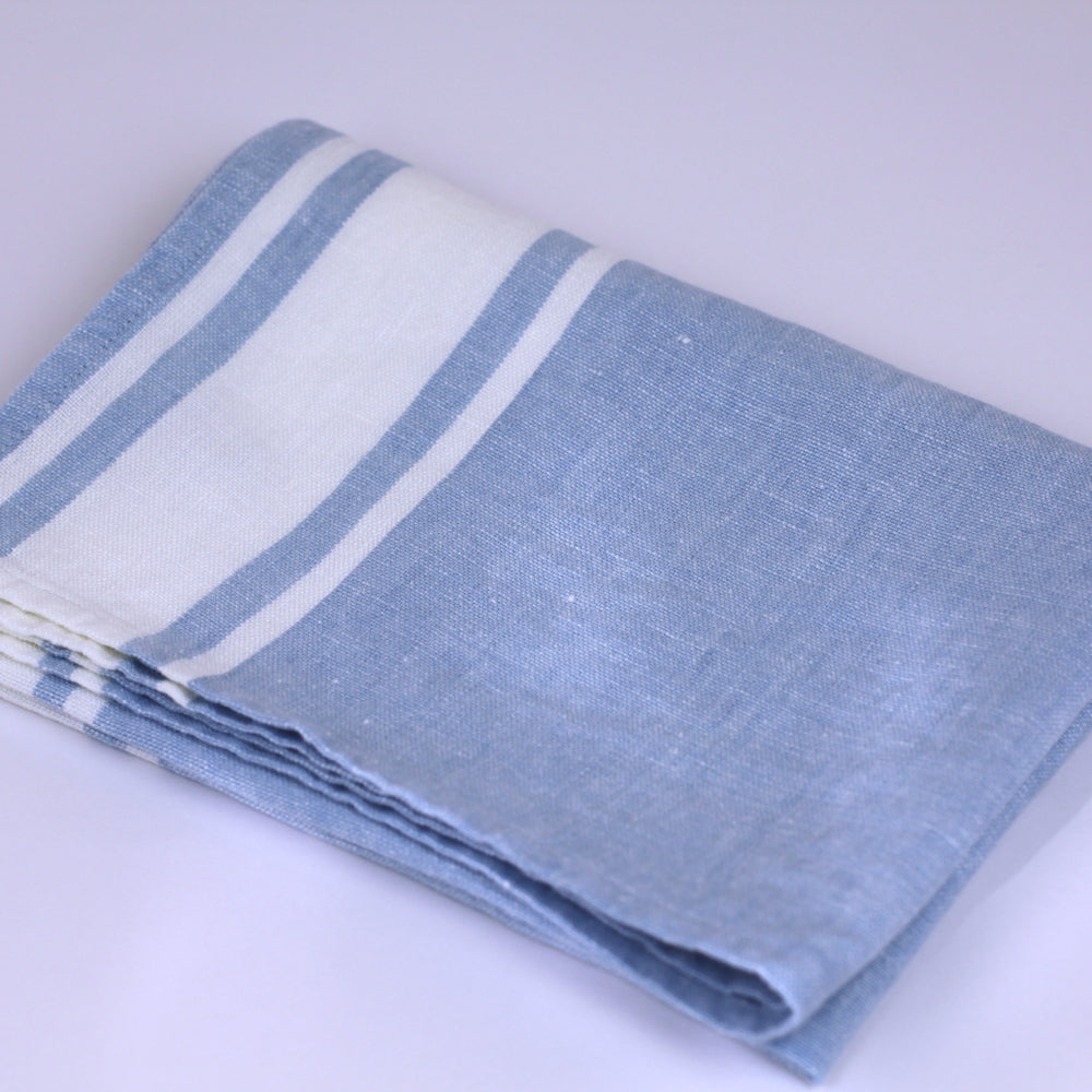 Linen Hand Towel - Stonewashed - Light Blue with White Stripes - Luxury Thick Linen