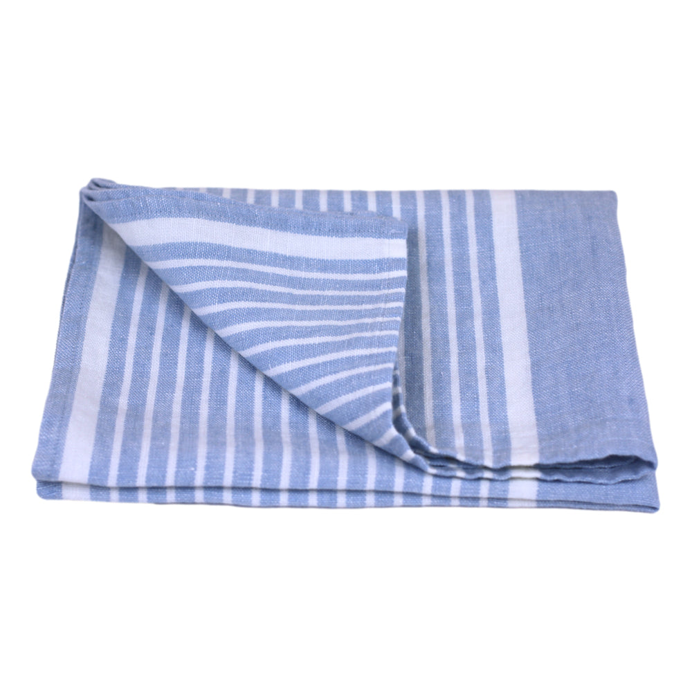 Linen Hand Towel - Stonewashed - Light Blue with White Stripes 2 - Luxury Thick Linen