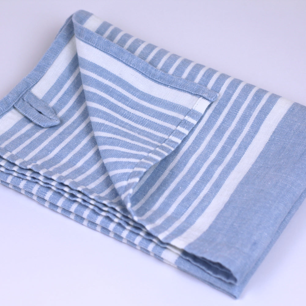 Linen Hand Towel - Stonewashed - Light Blue with White Stripes 2 - Luxury Thick Linen