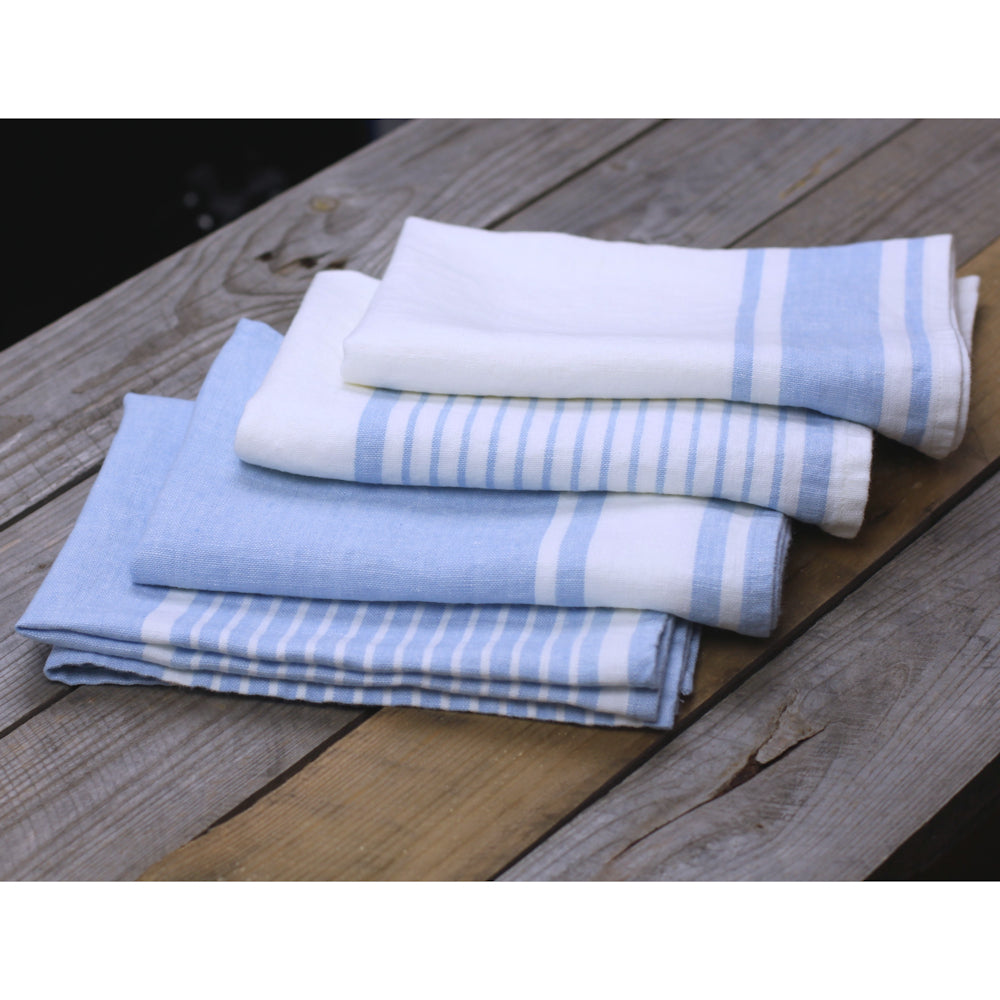 Linen Hand Towel - Stonewashed - White with Light Blue Stripes - Luxury Thick Linen