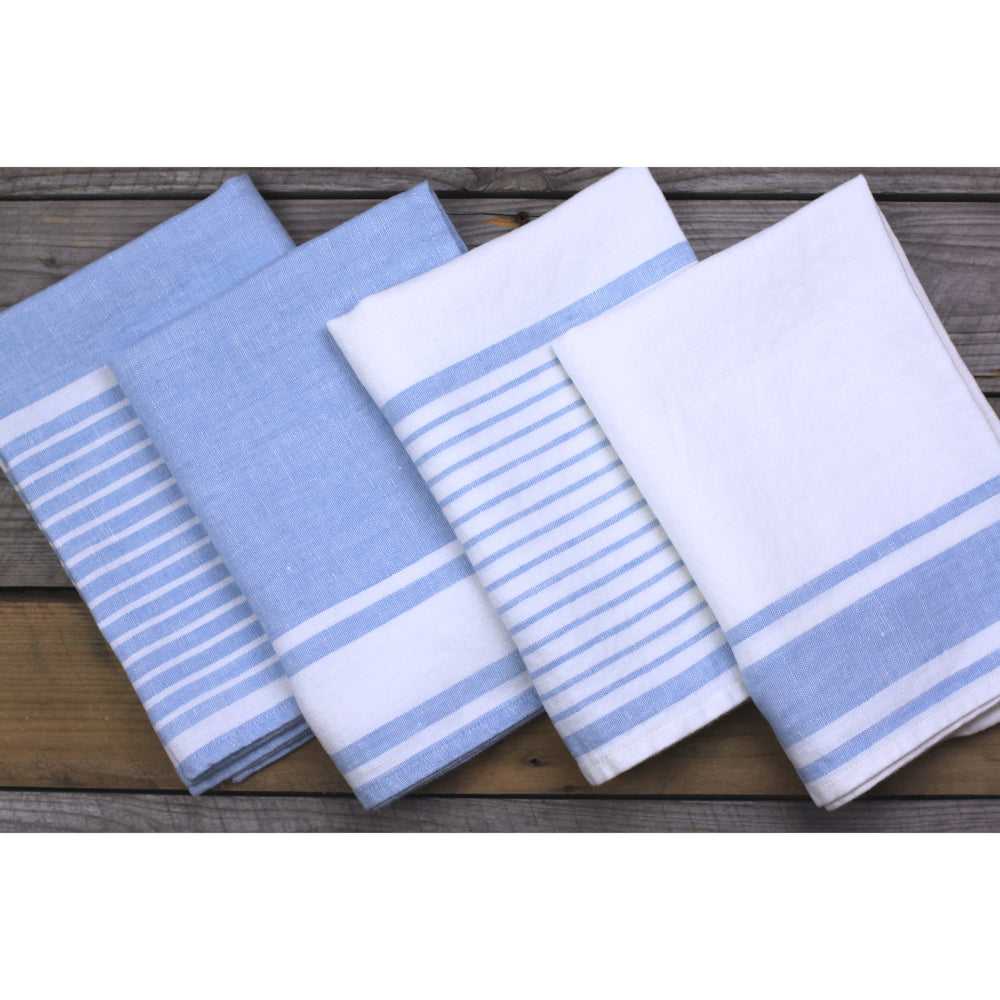 Linen Hand Towel - Stonewashed - White with Light Blue Stripes - Luxury Thick Linen