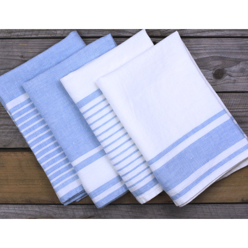 Linen Hand Towel - Stonewashed - White with Light Blue Stripes - Luxury Thick Linen