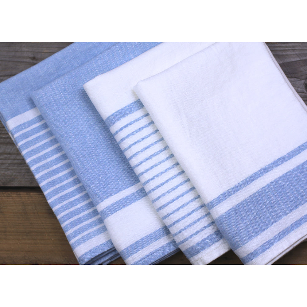 Linen Hand Towel - Stonewashed - White with Light Blue Stripes - Luxury Thick Linen