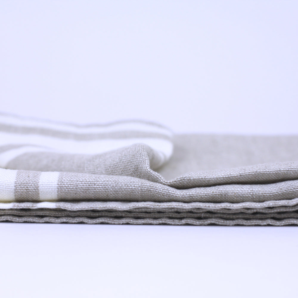 Linen Hand Towel - Stonewashed - Light Natural with White Stripes - Luxury Thick Linen