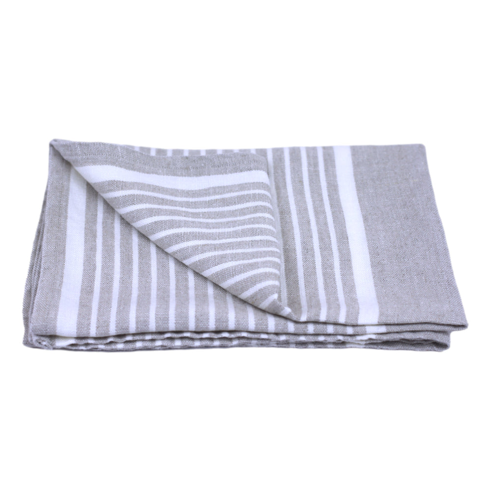 Linen Hand Towel - Stonewashed - Light Natural with White Stripes 2 - Luxury Thick Linen