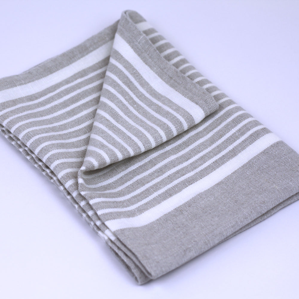 Linen Hand Towel - Stonewashed - Light Natural with White Stripes 2 - Luxury Thick Linen