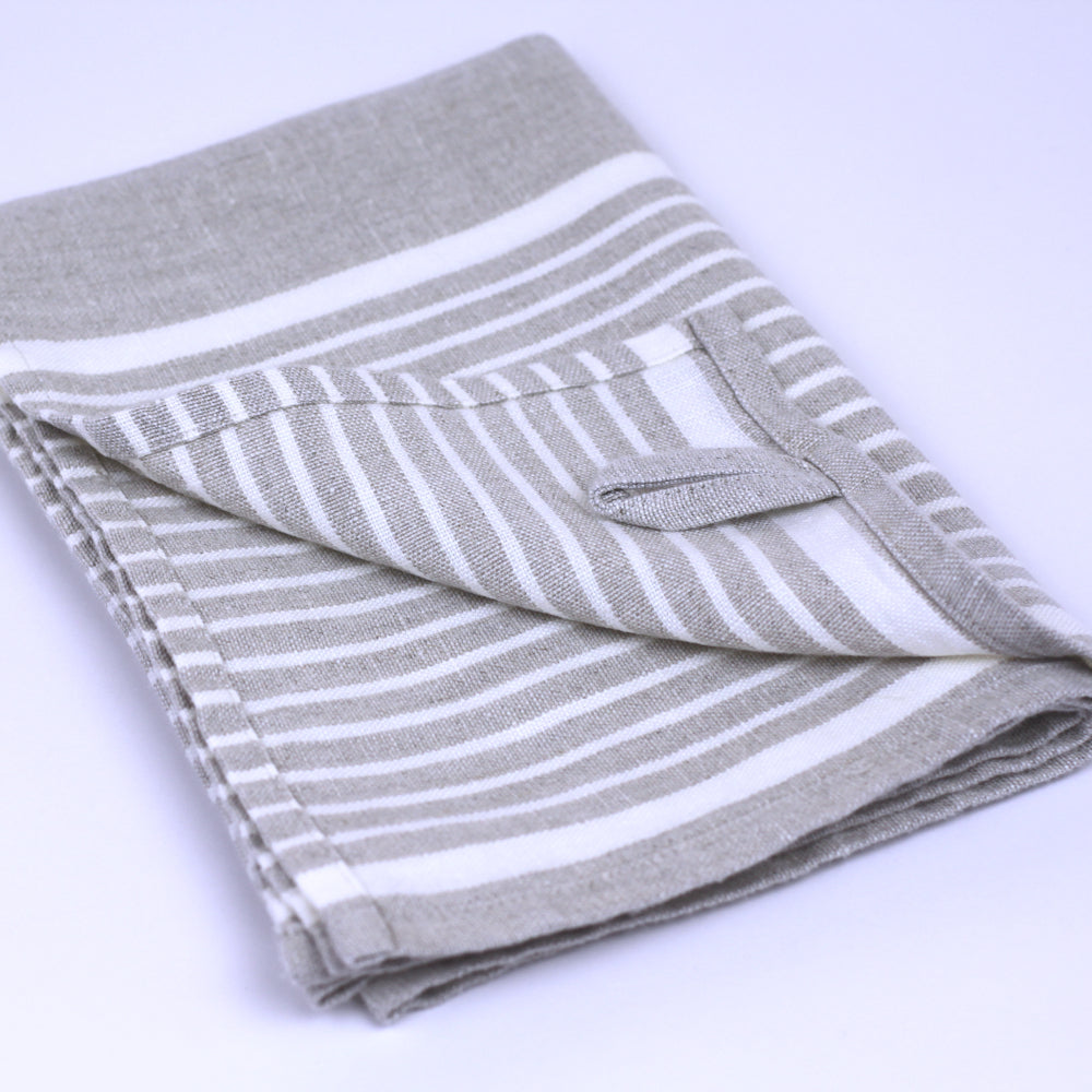 Linen Hand Towel - Stonewashed - Light Natural with White Stripes 2 - Luxury Thick Linen