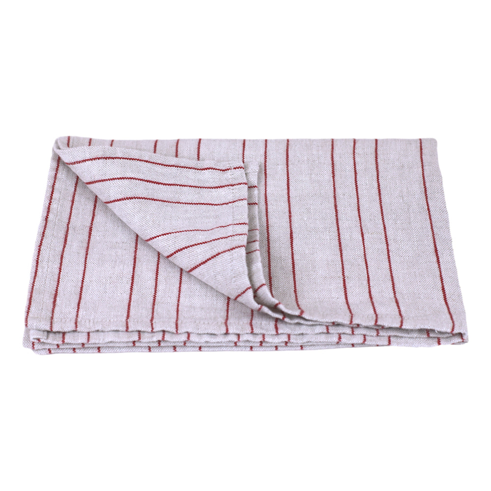 Linen Hand Towel - Stonewashed - Light Natural with Red Pinstripes - Luxury Thick Linen
