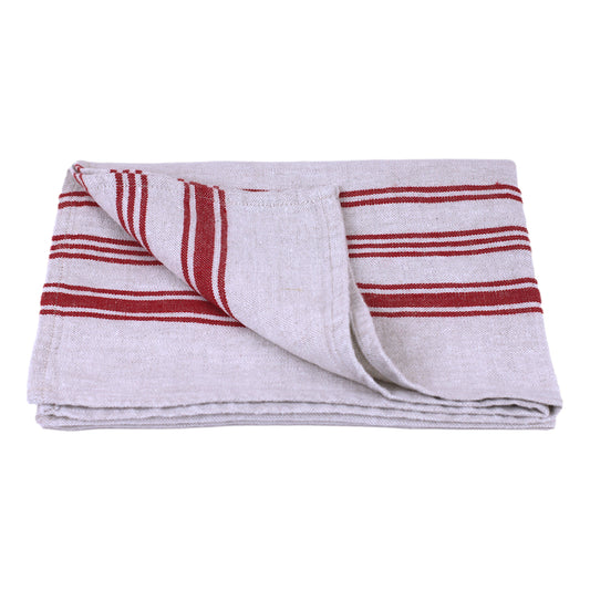Linen Hand Towel - Stonewashed - Light Natural with Red Stripes 2 - Luxury Thick Linen