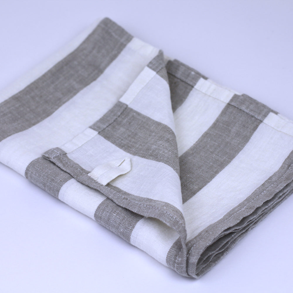 Linen Hand Towel - Stonewashed - Natural White Wide Stripes - Thin Linen