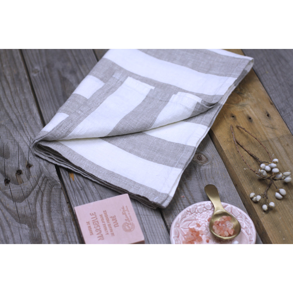 Linen Hand Towel - Stonewashed - Natural White Wide Stripes - Thin Linen