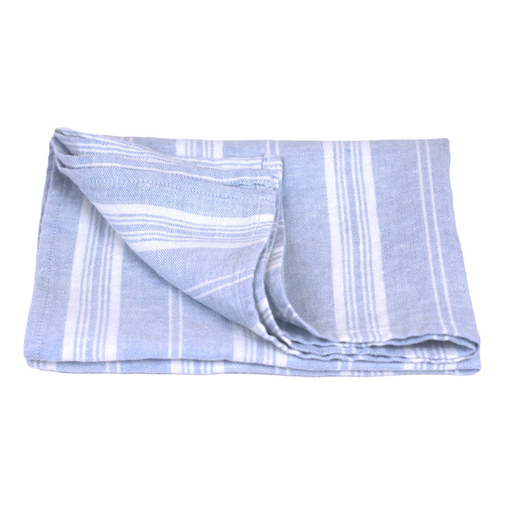 Linen Hand Towel - Stonewashed - Sky Blue with White Stripes 3 - Luxury Thick Linen