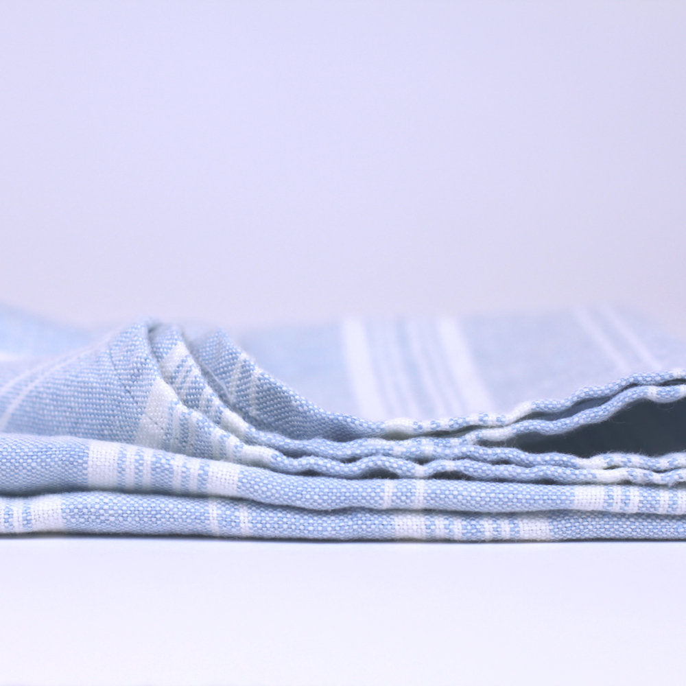 Linen Hand Towel - Stonewashed - Sky Blue with White Stripes 3 - Luxury Thick Linen