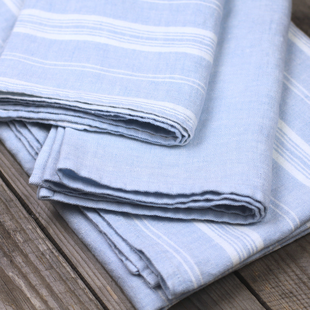 Linen Bath Towel - Stonewashed - Sky Blue with White Stripes 3 - Luxury Thick Linen