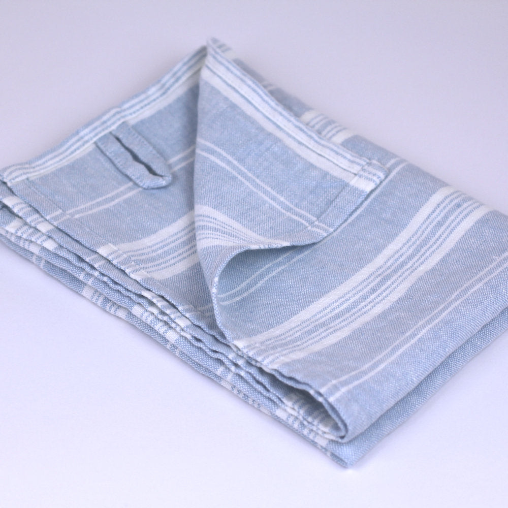 Linen Hand Towel - Stonewashed - Sky Blue with White Stripes 3 - Luxury Thick Linen