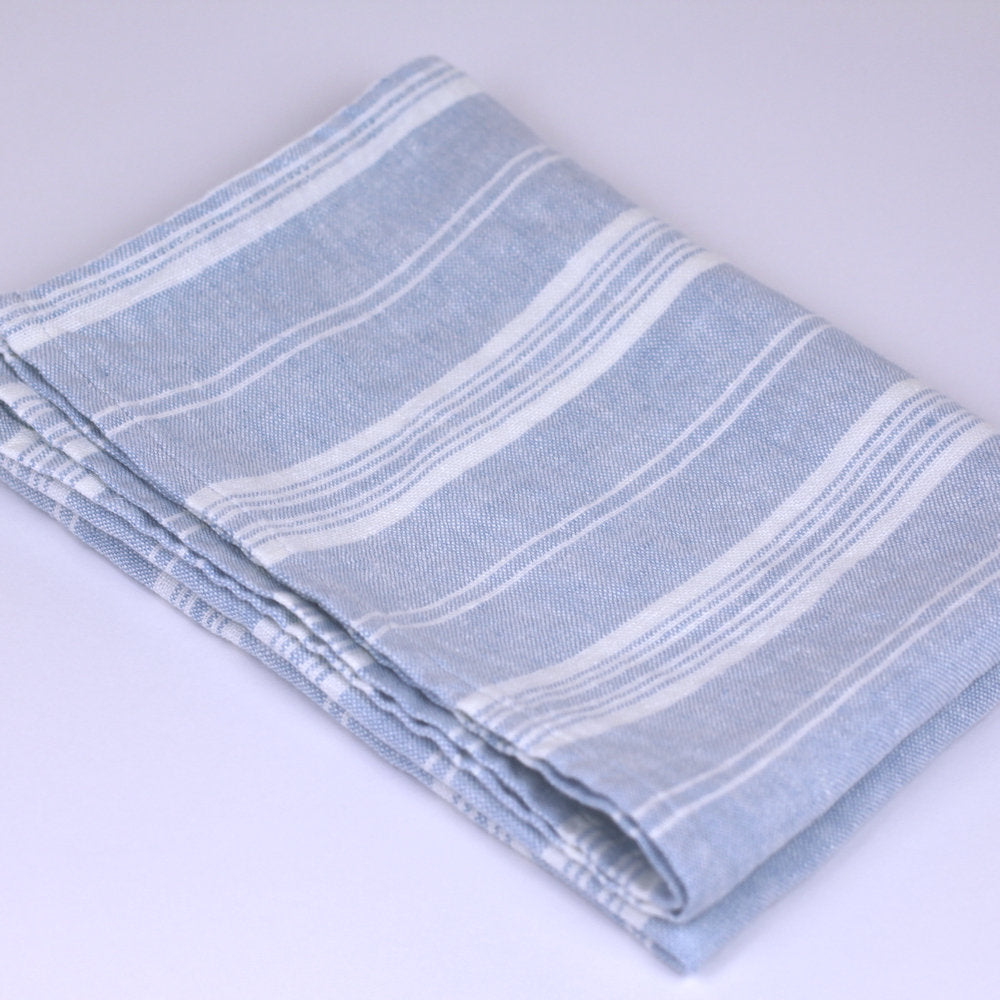 Linen Hand Towel - Stonewashed - Sky Blue with White Stripes 3 - Luxury Thick Linen