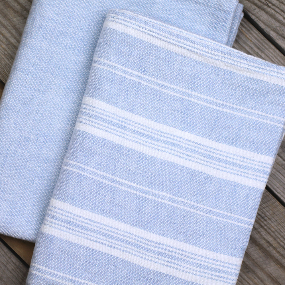 Linen Hand Towel - Stonewashed - Sky Blue with White Stripes 3 - Luxury Thick Linen