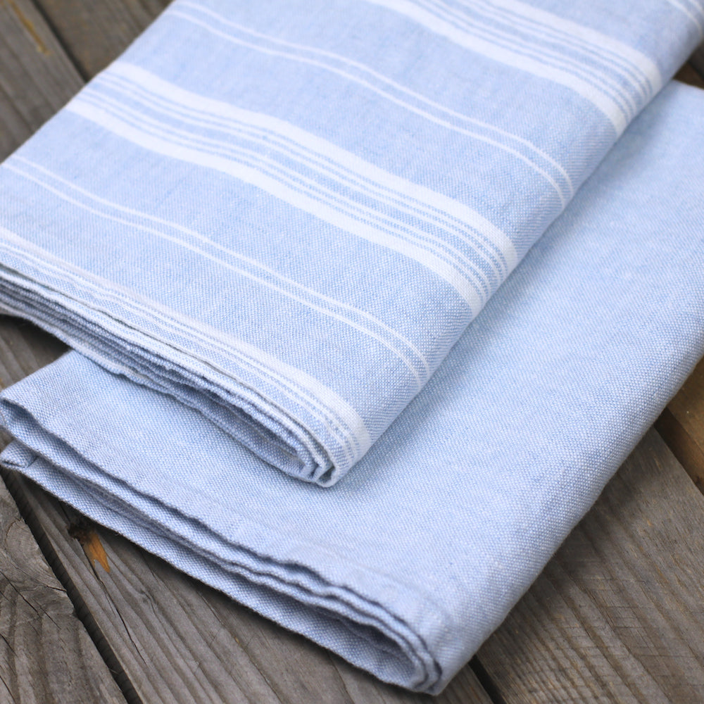 Linen Hand Towel - Stonewashed - Sky Blue with White Stripes 3 - Luxury Thick Linen