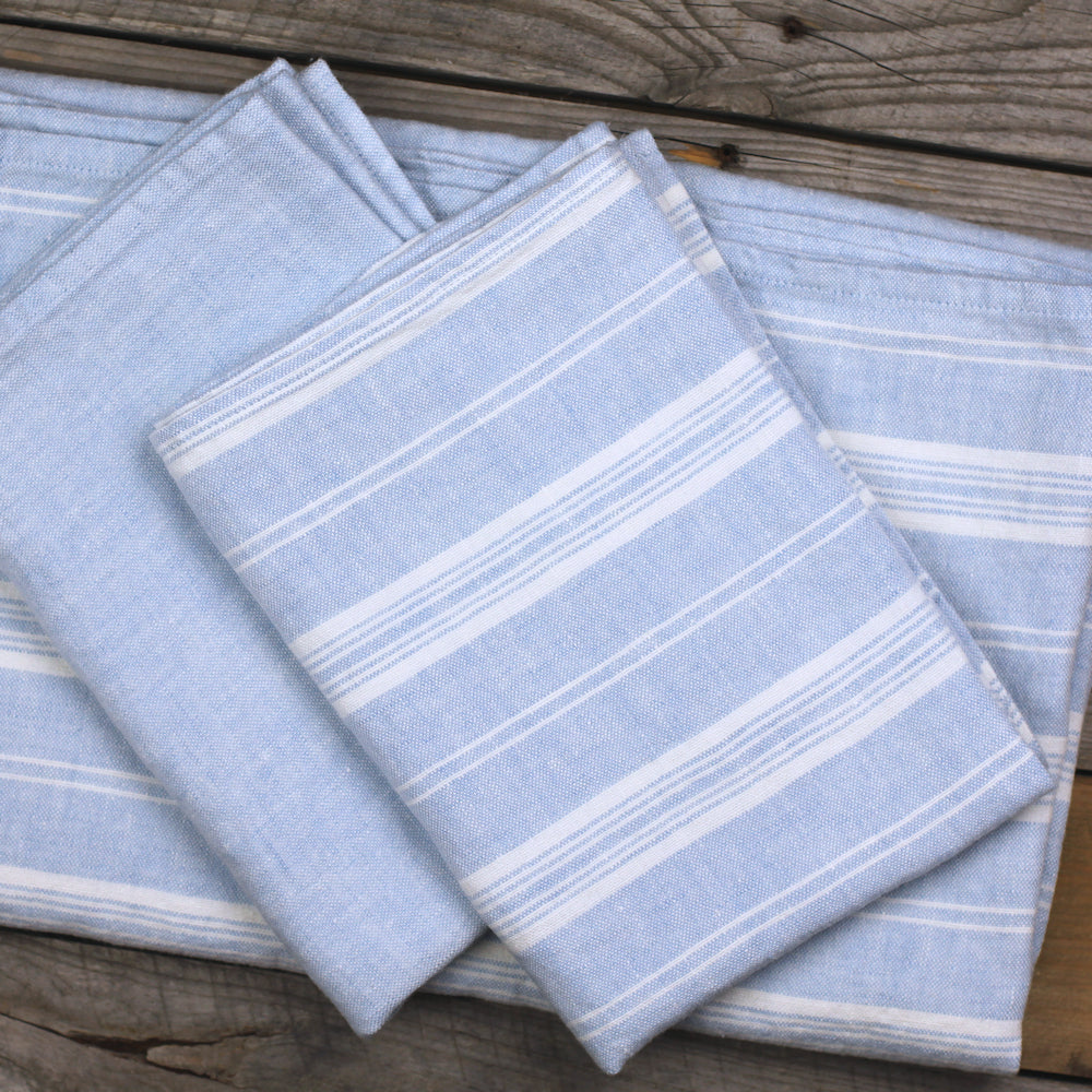 Linen Bath Towel - Stonewashed - Sky Blue with White Stripes 3 - Luxury Thick Linen