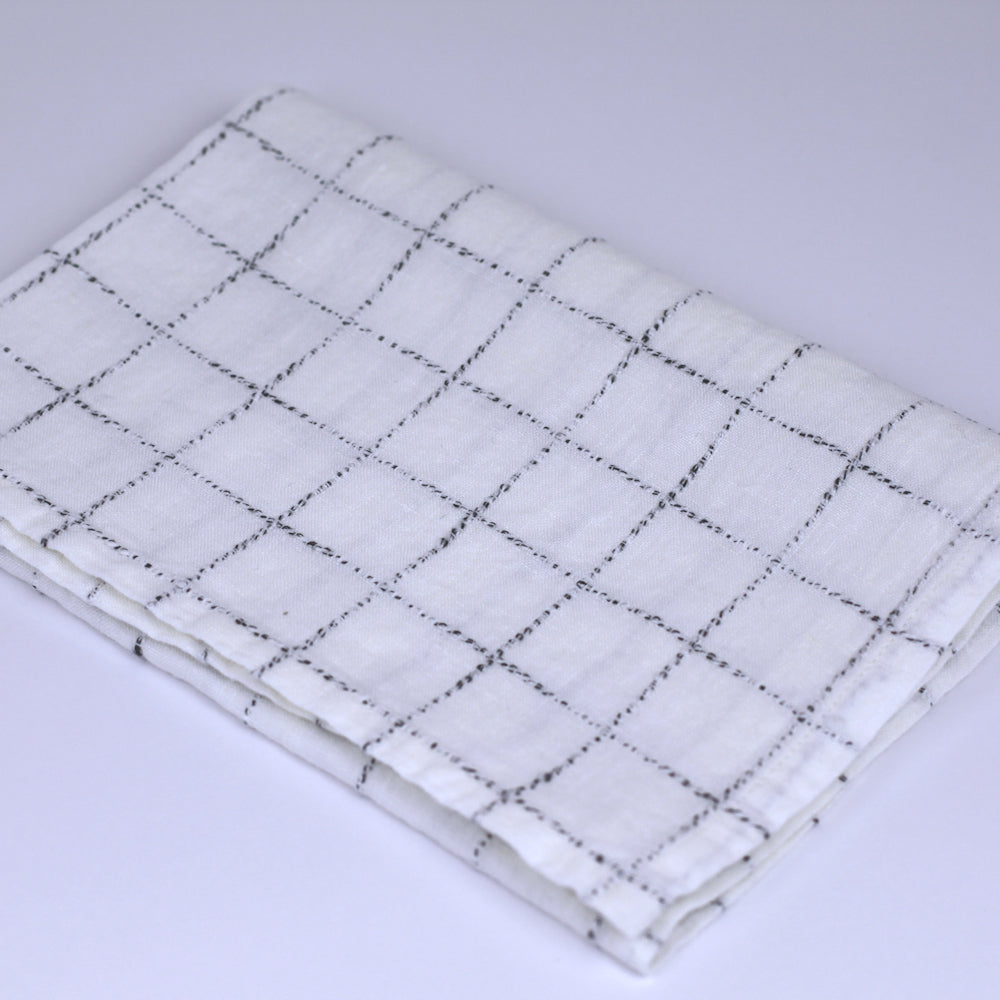 Linen Hand Towel - Stonewashed - White with Twisted Black Yarn Squares  - Medium Thick Linen