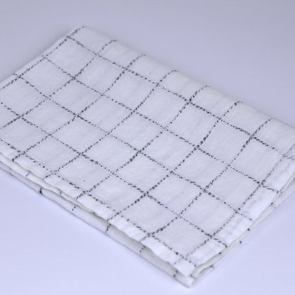 Linen Hand Towel - Stonewashed - White with Twisted Black Yarn Squares  - Medium Thick Linen