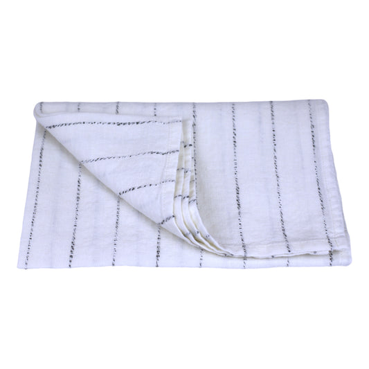 Linen Hand Towel - Stonewashed - White with Twisted Black Yarn Stripes  - Medium Thick Linen
