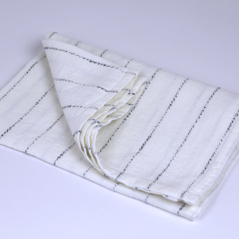 Linen Hand Towel - Stonewashed - White with Twisted Black Yarn Stripes  - Medium Thick Linen