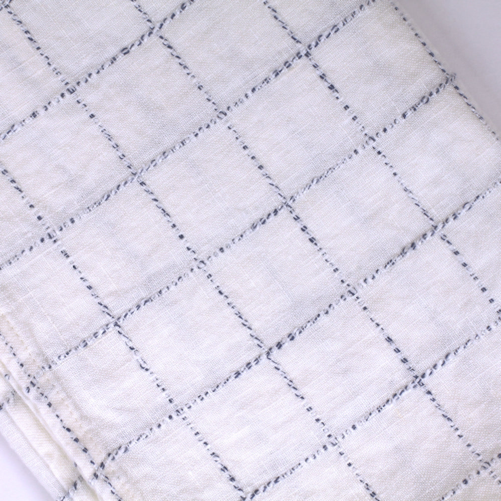 Linen Hand Towel - Stonewashed - White with Twisted Blue Yarn Squares - Medium Thick Linen