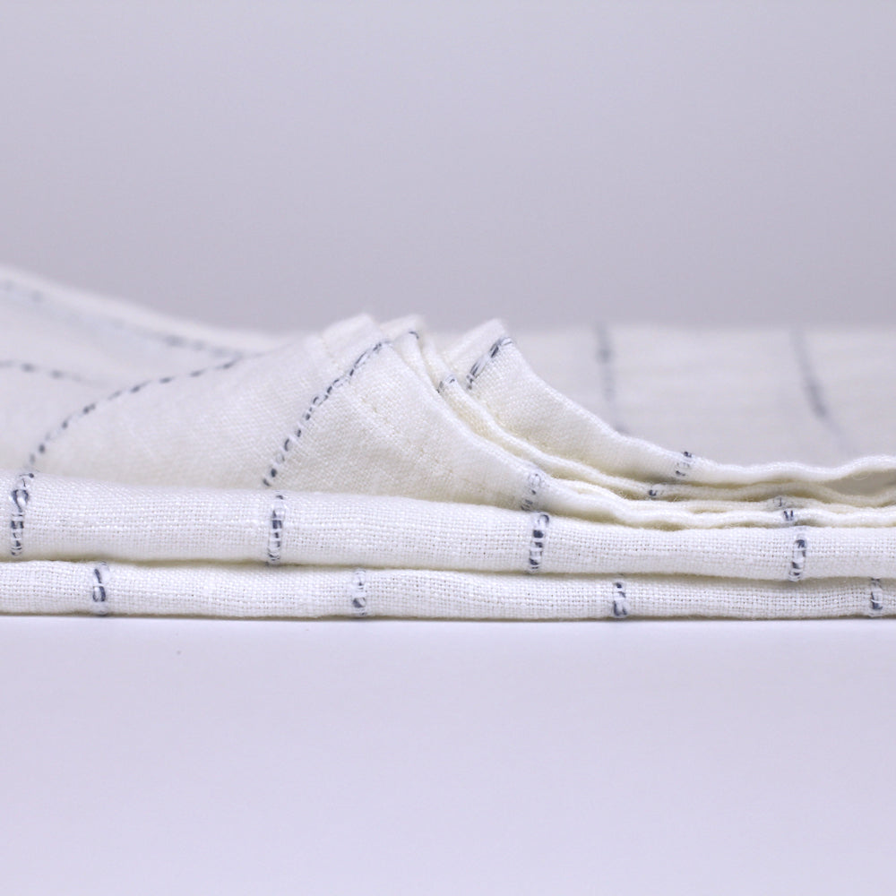 Linen Hand Towel - Stonewashed - White with Twisted Blue Yarn Stripes  - Medium Thick Linen